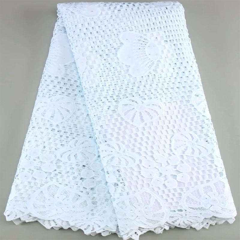 

Pure White African Guipure Cord Lace Fabric with Stone 2023 5 Yards High Quality Nigerian Lace Fabric for Birdal Wedding Dress