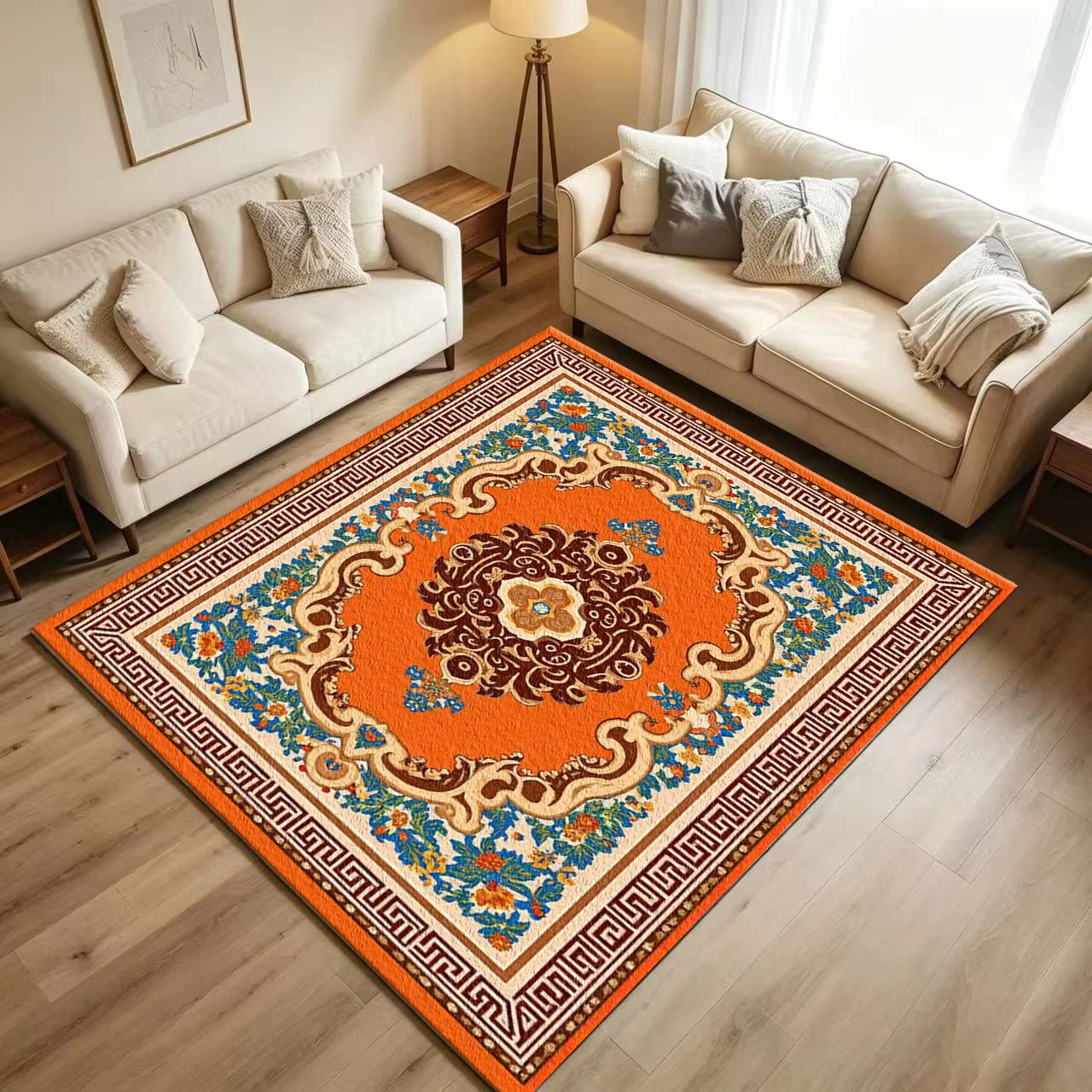Luxury Orange Baroque Ornate Carpet Flooring European Classic Floral Border Printed Floor Rug for Household Living Room Decor