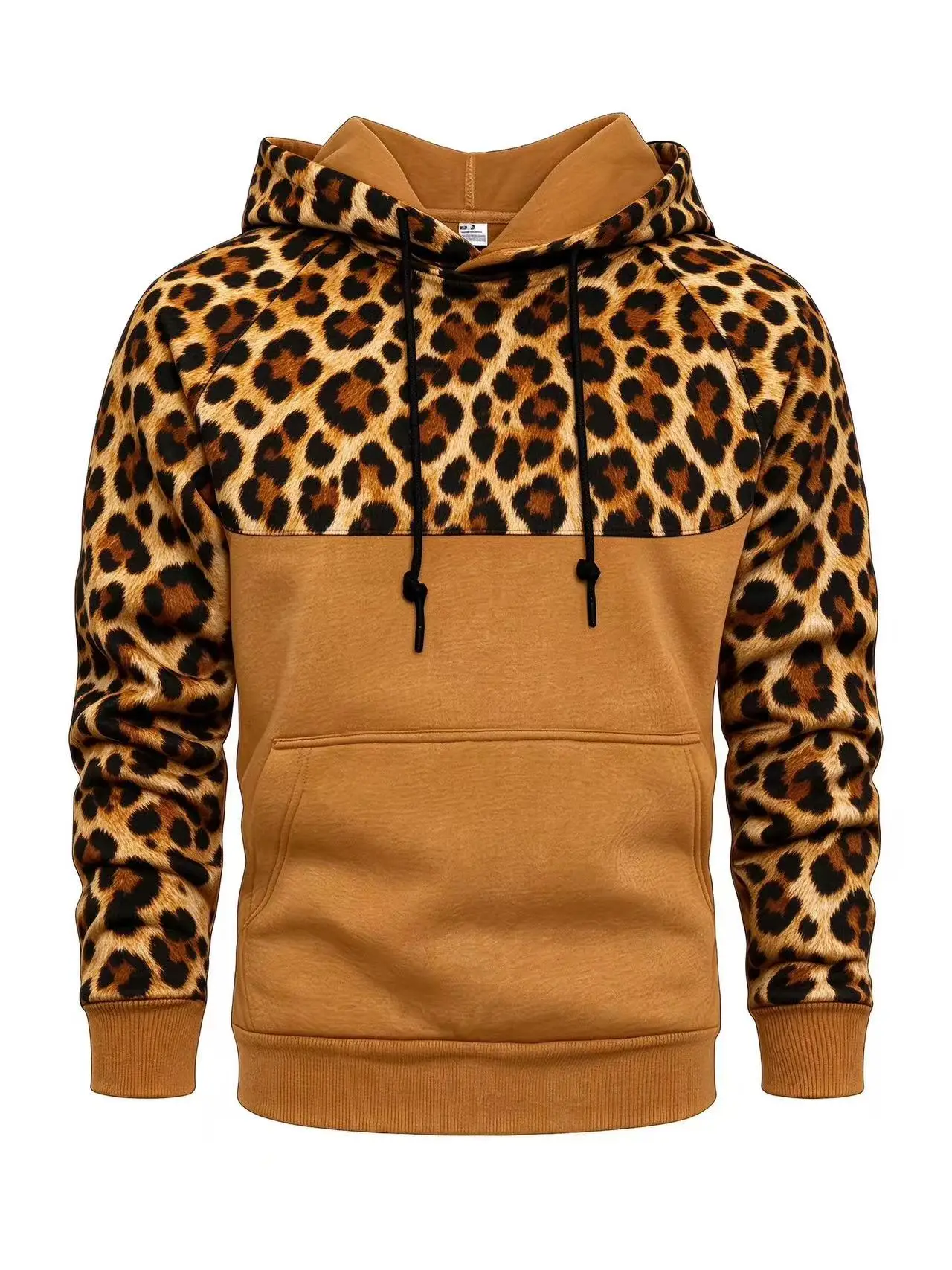 Men's Hoodie Thin Autumn Winter Brown Leopard Animal Print Spliced Full Print Pullover Fashion Long Sleeve Hooded Sweatshirt