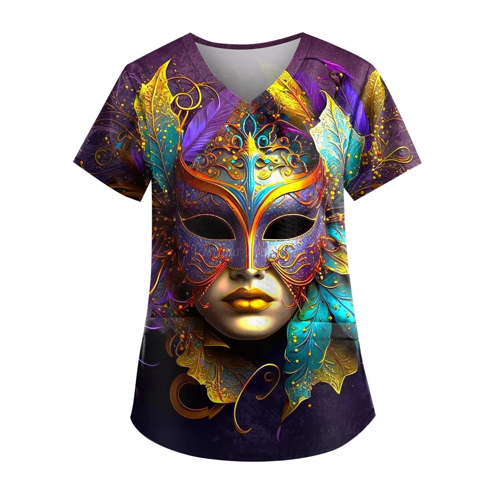 Women's Carnival Mask Printed Uniform Work Uniformv Neck Pocket Protective Work Uniform New Fashion T-shirts Women's Top