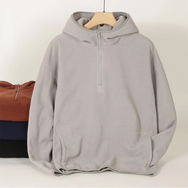 

Half-zipper Fleece Sweatshirt Hooded Sweater Hoodie Outdoor Warm Thick Couple Men's Clothing Double Sided Fleece Trends Tops New