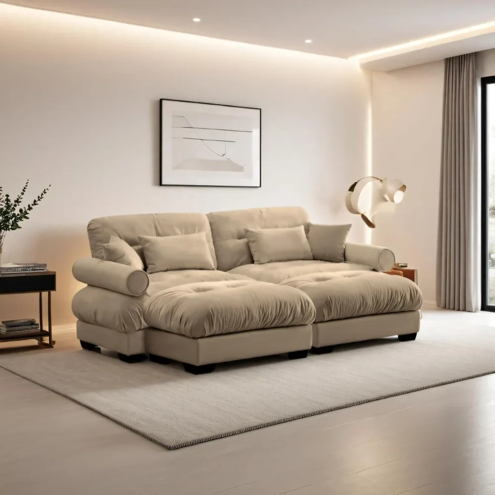 

93" Velvet Cloud Deep Seat Overstuffed Couch with 2 Ottoman, Cozy Comfy Modern Combination Cloud Sofa with Tufted Thick Cushion,