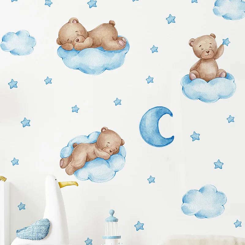 Cartoon Blue Teddy Bear Moon Wall Stickers for Kids Room Baby Nursery Decor Boys Girls Bedroom Wall Decals Baby Room Wallpaper