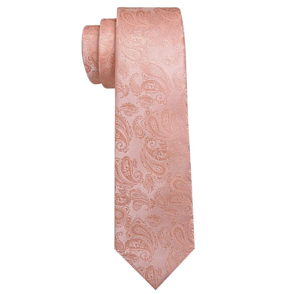 Corallo rosa uomo cravatta di seta 7cm di larghezza con tasca gemelli quadrati Set moda Paisley cravatte tessute festa di nozze Barry.Wang 5554