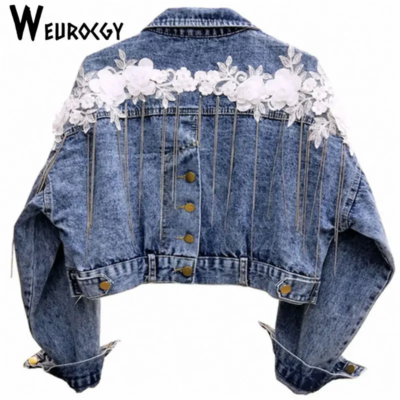 Jackets For Women 2023 Autumn Korean Edition Versatile Casual Loose Flower Tassel Long Sleeve Jean Denim  Clothes Outerwear