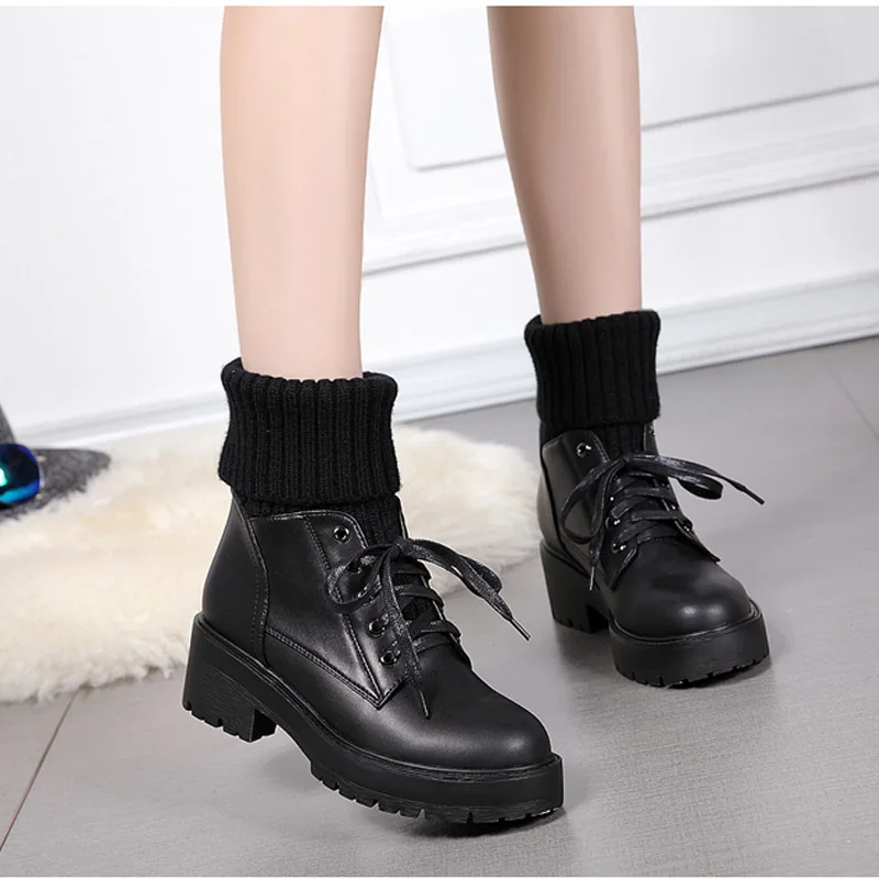 Buty dla kobiet Moda zimowa Knitting Velvet Ankle Boots Women Korean Lace-up Platform Botas Warm Square Button Botas De Mujer