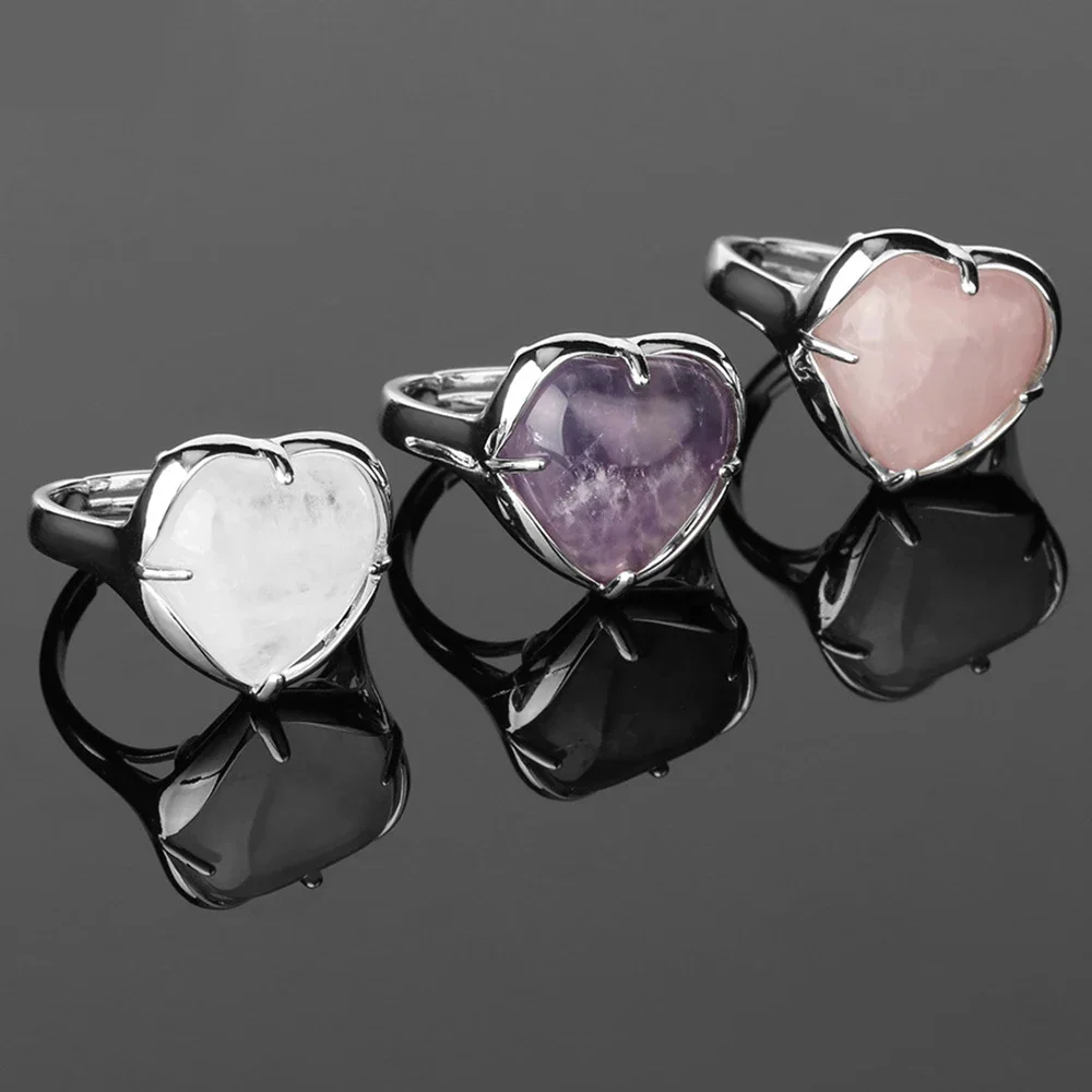 Rose Quartz Heart Ring Love Heart White Cyrstal for Women Natural Amethyst Gems Silver Color Adjustable Rings Engagement Jewelry