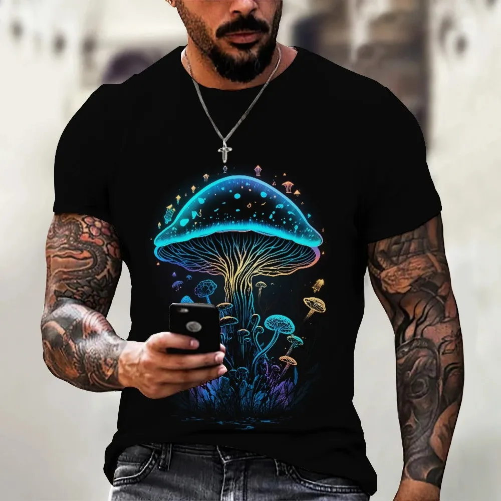 Summer Men\'s T-Shirt 3d Fun Mushroom Short-Sleeved Tshirt Tops Magic Mushroom Print Pattern Oversized Street Men Tshirt