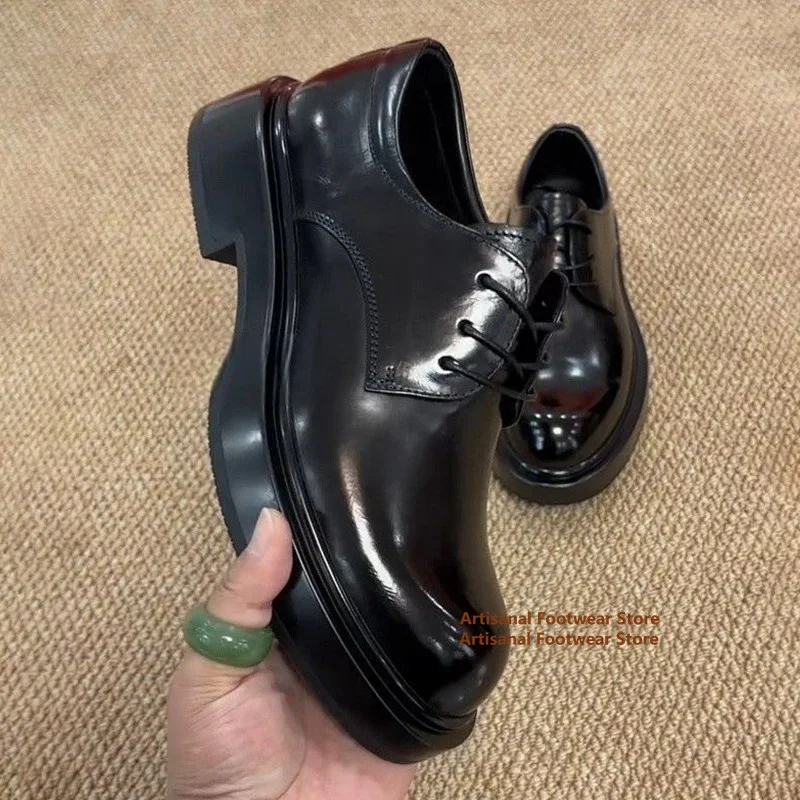 Men's Black Shiny Leather Platform Derby Shoes Lace-Up Chunky Block Heel Oxford Shoes Round Toe Thick Sole Dress Brogue Shoes