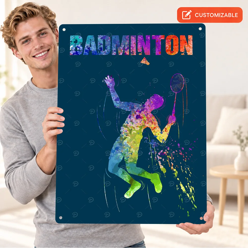Badminton Player Textured Metal Poster Customized Aluminum Sign Graphic Illustration Wall Art For Bedroom Sports Enthusiast Gift