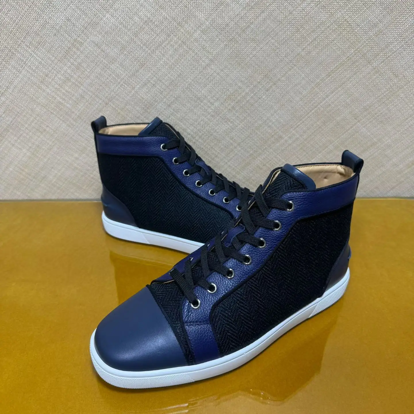 Luxury Brand High Top Men's Blue Weave Leather Lace Up Sneakers Premium Red Bottom Casual Boat Shoes Fashion Party Footwear