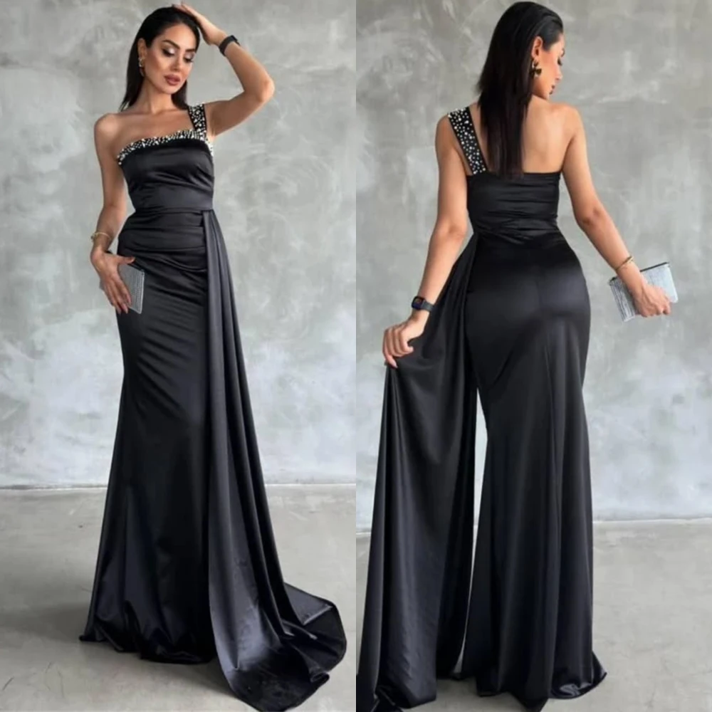 

Customized Graceful Strapless Satin Evening Dress Luxury Crystal Prom Dress Temperament Sleeveless Special Occasion Gowns