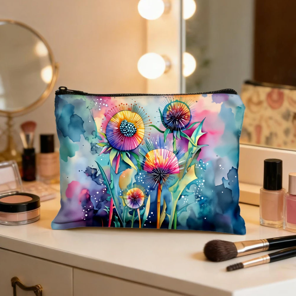 Bolsas de maquillaje con diseño artístico floral de diente de león colorido para niñas, bolsa de cosméticos, bolsa de aseo, estuche para lápices, almacenamiento de viaje
