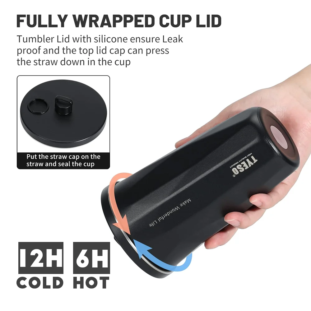 TYESO Vacuum Thermos Cup Tumbler Thermal Insulation Insulated Coffee Mug with Lid and Straw Stainless Steel for Hot Cold Drinks
