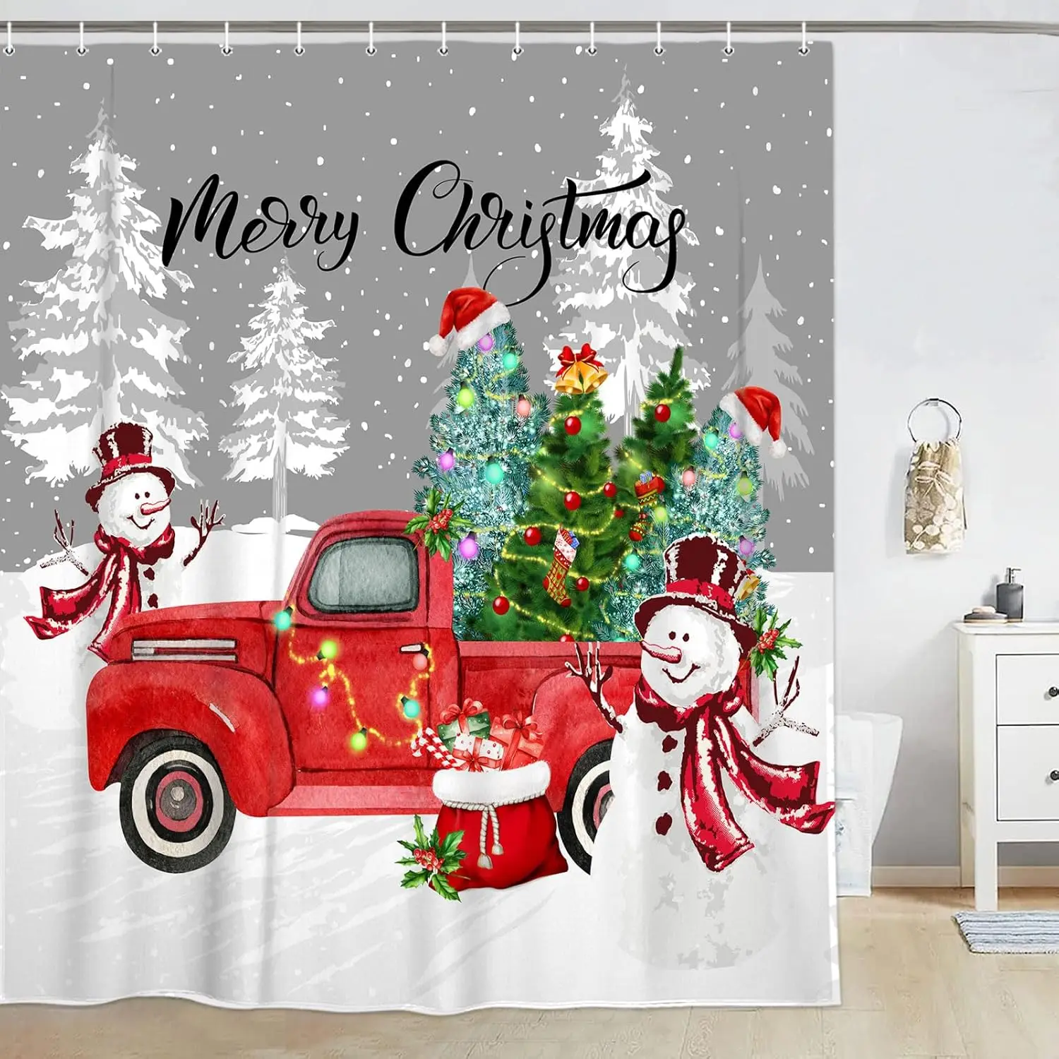

Рождественская зимняя занавеска для душа, снеговик с красным грузовиком, набор занавесок для душа на Новый год, декор для ванной комнаты, фестиваль рождественского шара и елки