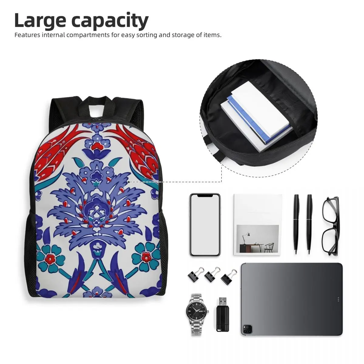 Oriental Tile Floral Pattern Backpack Student Boys Girls BookBag School Bag Computer Shoulder Bags