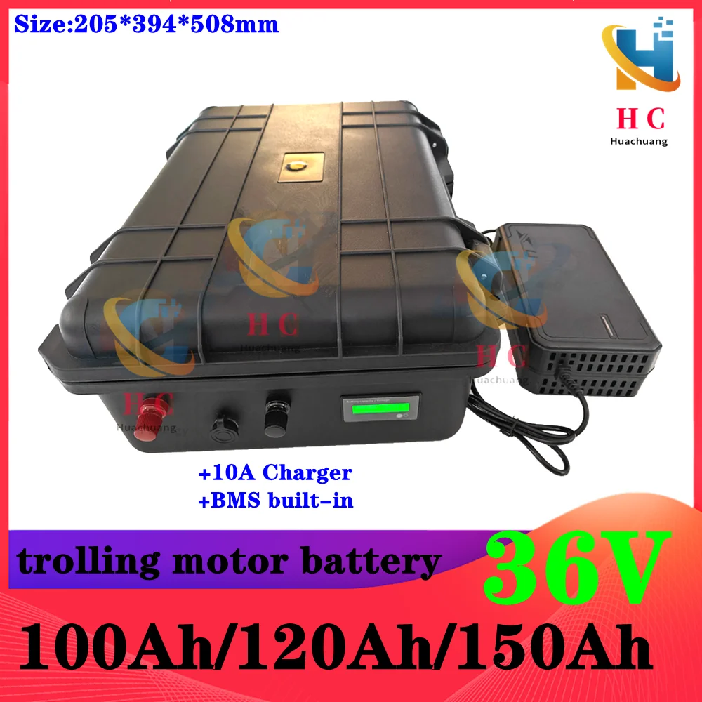 Waterproof IP67 36V lifepo4 100Ah 120Ah 150Ah with bms for trolling motor fishing boats EV RV + 10A charger