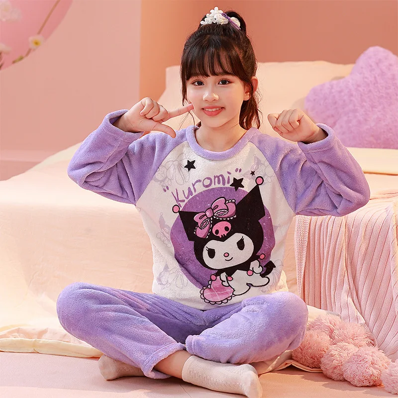 Sanrio Cartoon Hello Kitty Flannel Children Pajamas Set Cinnamoroll Winter Thicken Sleepwear Kid Pants Christmas Loungewear