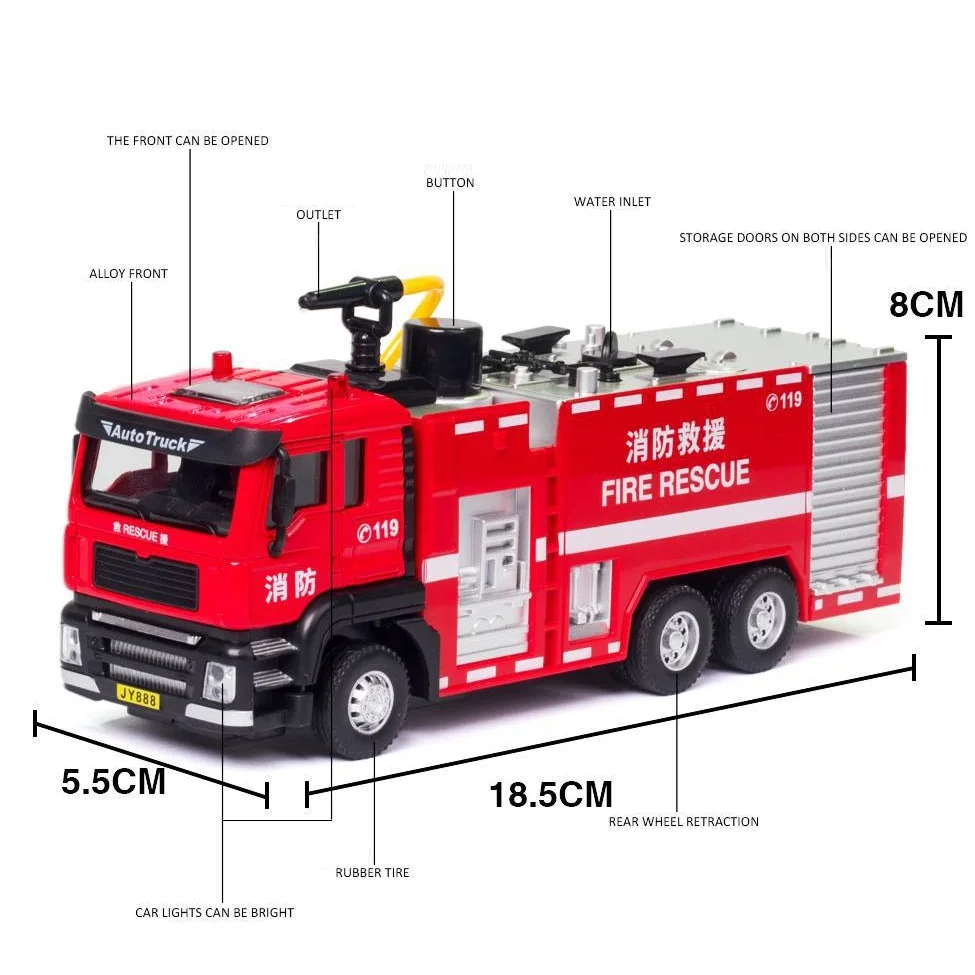 City Rescue Truck Ladder Fire Engine Simulation Diecast & Toy Vehicles Sounds & Light Pull Back Car 1:50 Alloy Collection Model