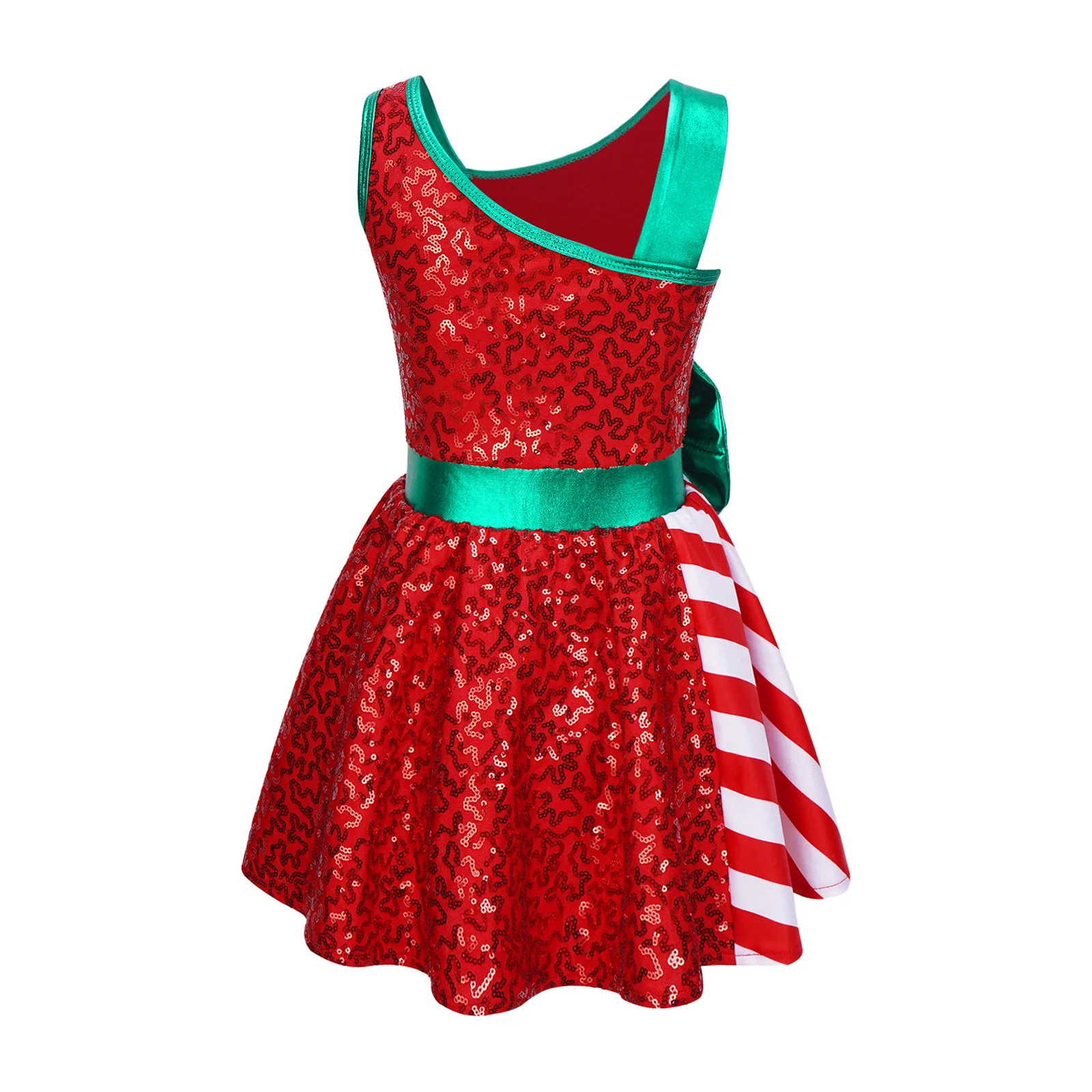 Kids Girls Sequins Christmas Costume Santa Sweetie Asymmetrical Shoulder Big Bowknot Dress for Holiday Xmas Dance Performance