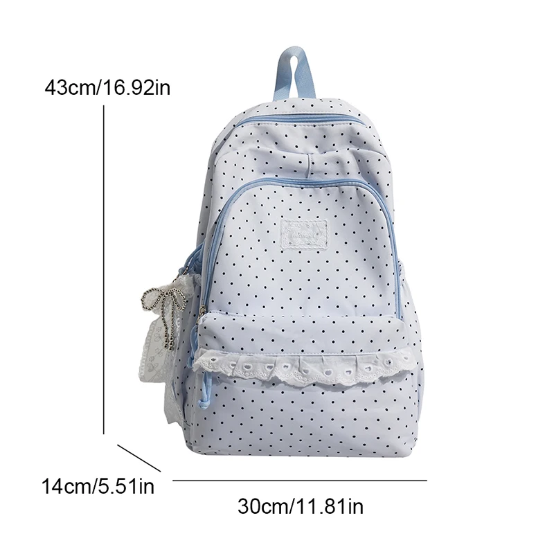 Korean Style Sweet Polka‑dot Lace Backpack Nylon Large‑capacity School Bag Cute Bow Decor Girls Daily Travel Shoulder Backpack