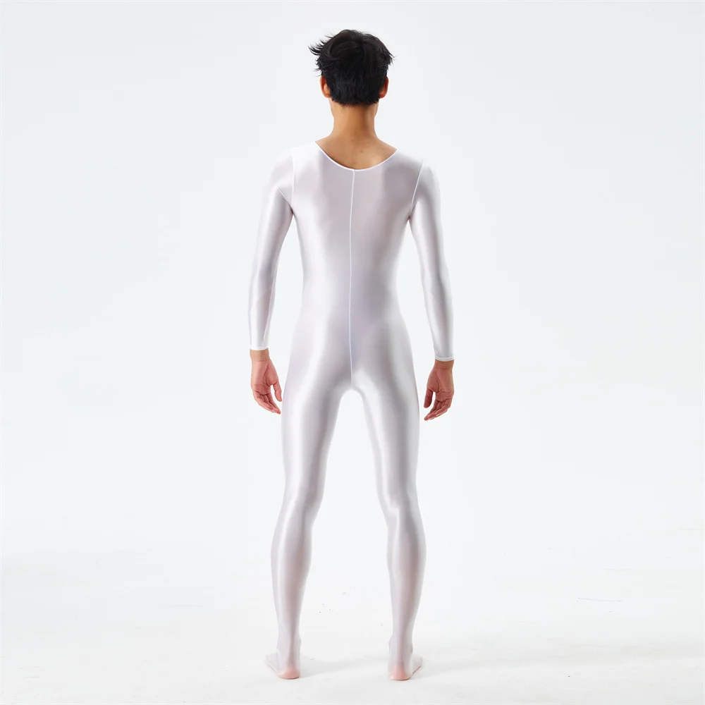 Mens Shiny Glossy Zentai Suit Lingerie Long Sleeve Bodystocking Sport Gym Fitness Bodysuit Jumpsuit Costume