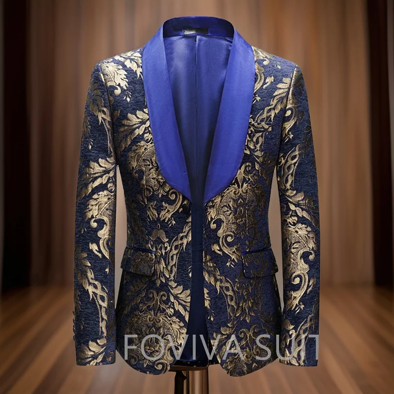 

Floral Men Blazer for Wedding Prom Single One Piece Jacquard Suit Jacket Shawl Lapel Male Fashion Coat 2024 New Arrival