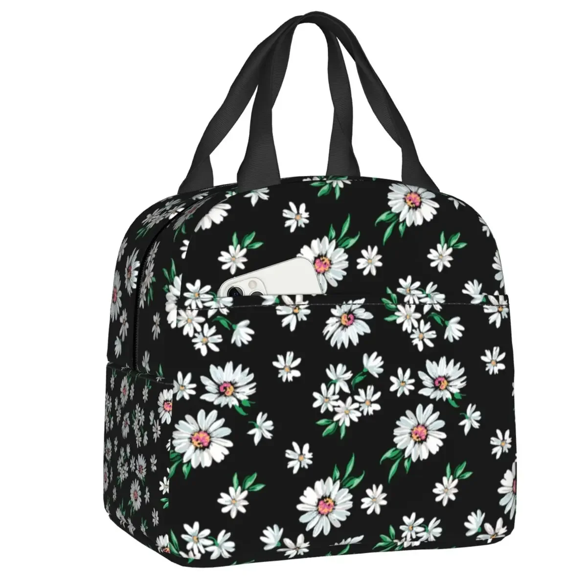 Beautiful Flower Daisy Lunch Bag Chamomile Floral Portable Cooler Thermal Insulated Bento Box For Women Children Food Picnic Bag