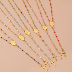 Collier pendentif religieux en acier inoxydable, croix Vierge Marie, câble de liaison multicolore JOWomen, bijoux de fête cadeaux, 49cm de long, 1 pièce