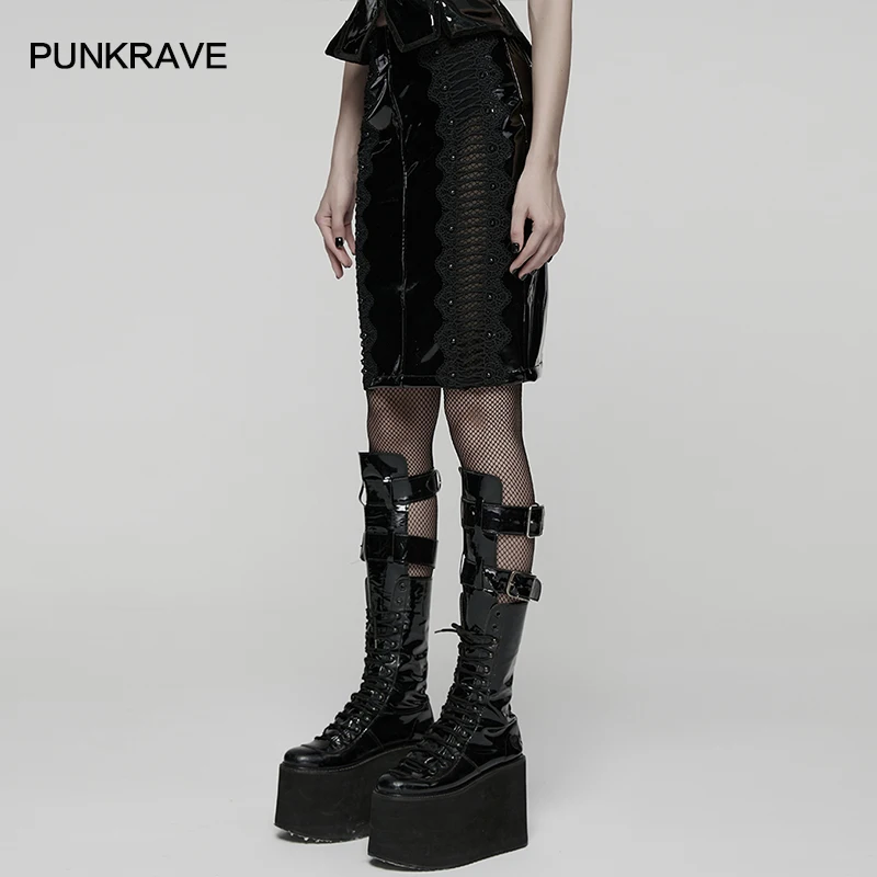 PUNK RAVE Women's Gothic Patent Glossy  Leather Mesh Sexy Unruly Charm Skirt 