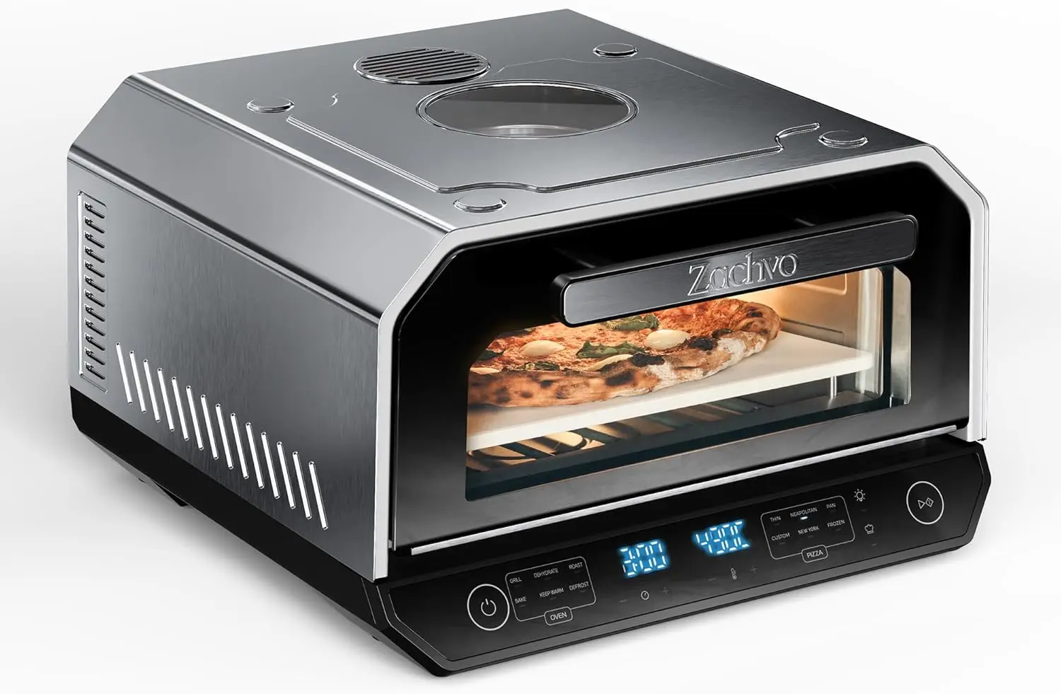 

Indoor Pizza Oven, 12-Inch, Heats to 850°F, 90-Second Bake, 6 Touchscreen Presets, Electric Countertop Oven with Baking Tray & P