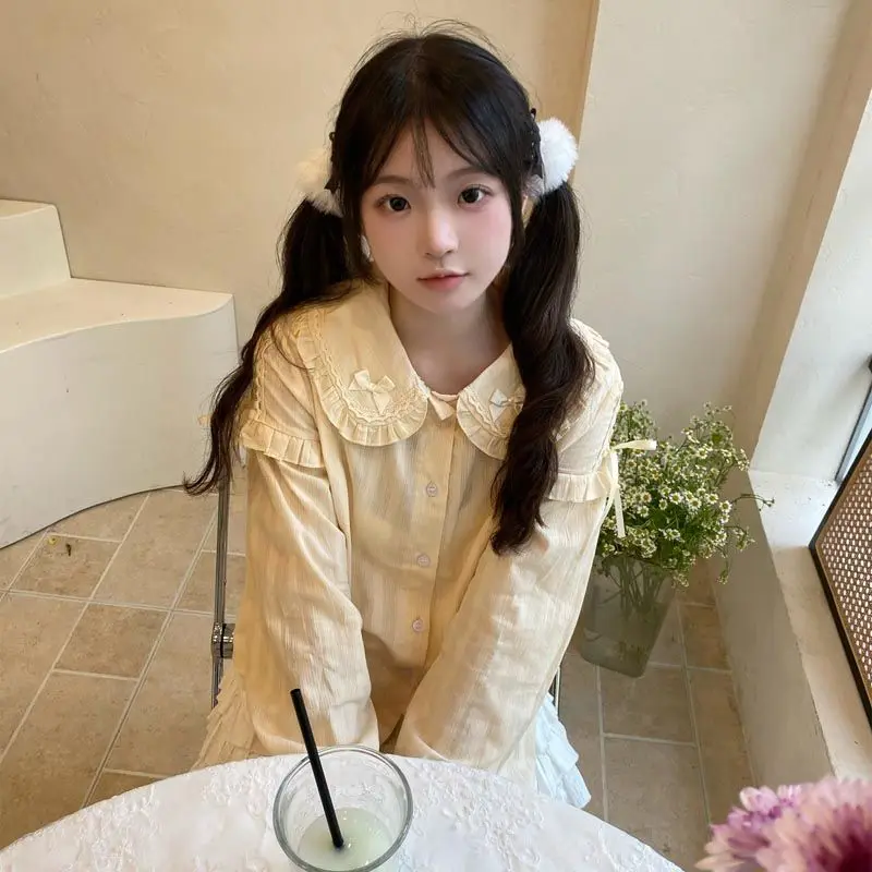 Camisa lisa japonesa Kawaii que combina con todo, Tops para niñas, blusas bonitas de moda Lolita para mujeres, blusa elegante con mangas abullonadas, ropa para mujer