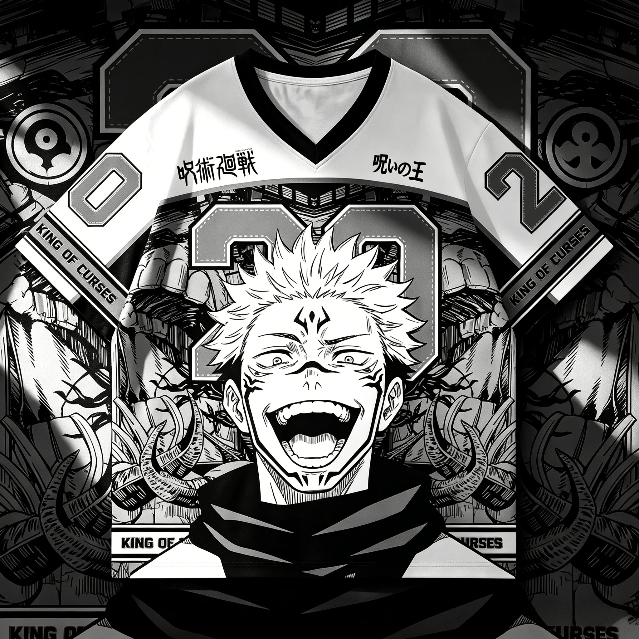 

Unisex V Neck Ryomen Sukuna Anime T-shirt, Black White Manga Number 02 King of Curses Print Loose Hip Hop Streetwear