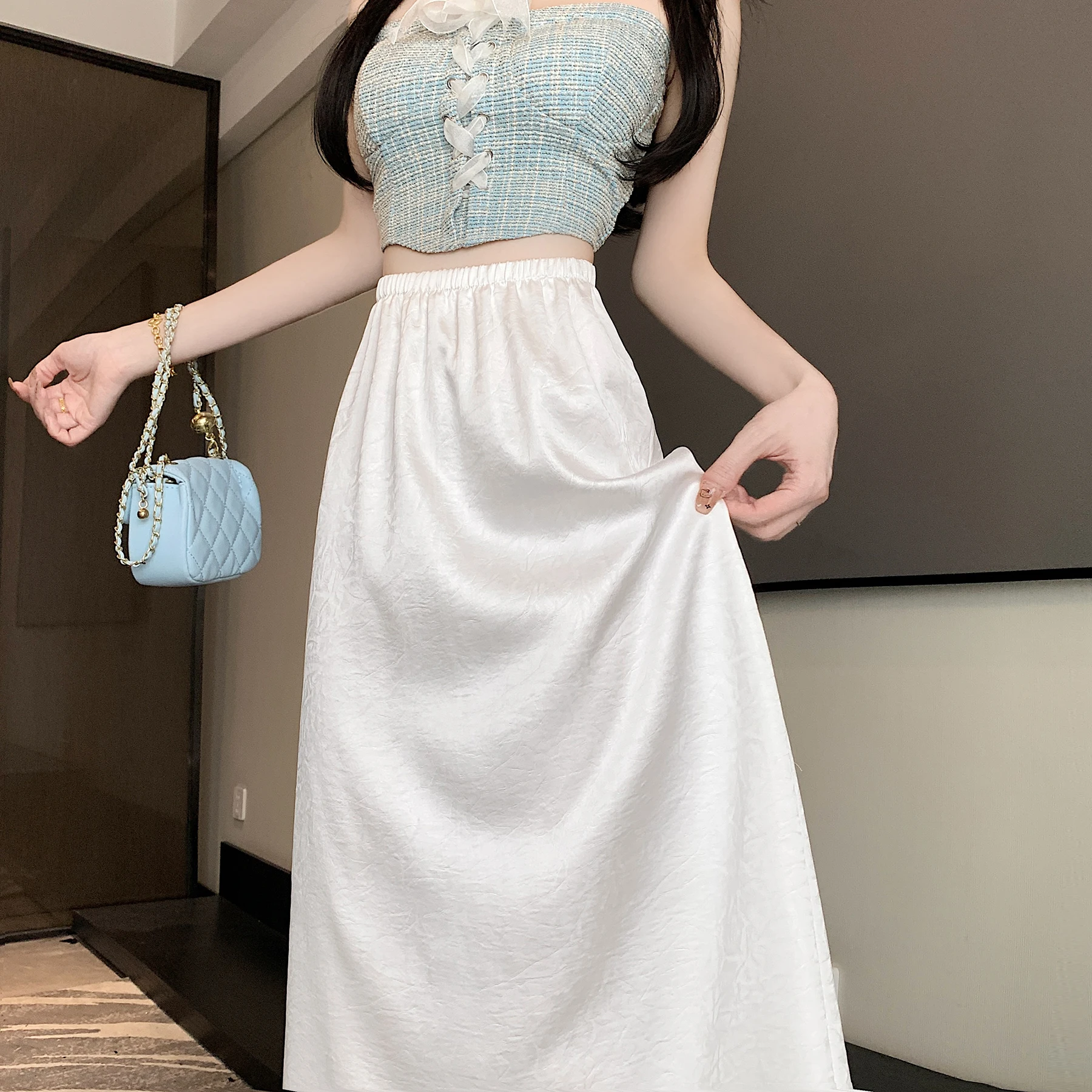 GAODINGLAN Light Thin Satin Surface Tassels Women Skirts Summer Versatile A Line Long Skirt Female High Waist Skirt Temperament