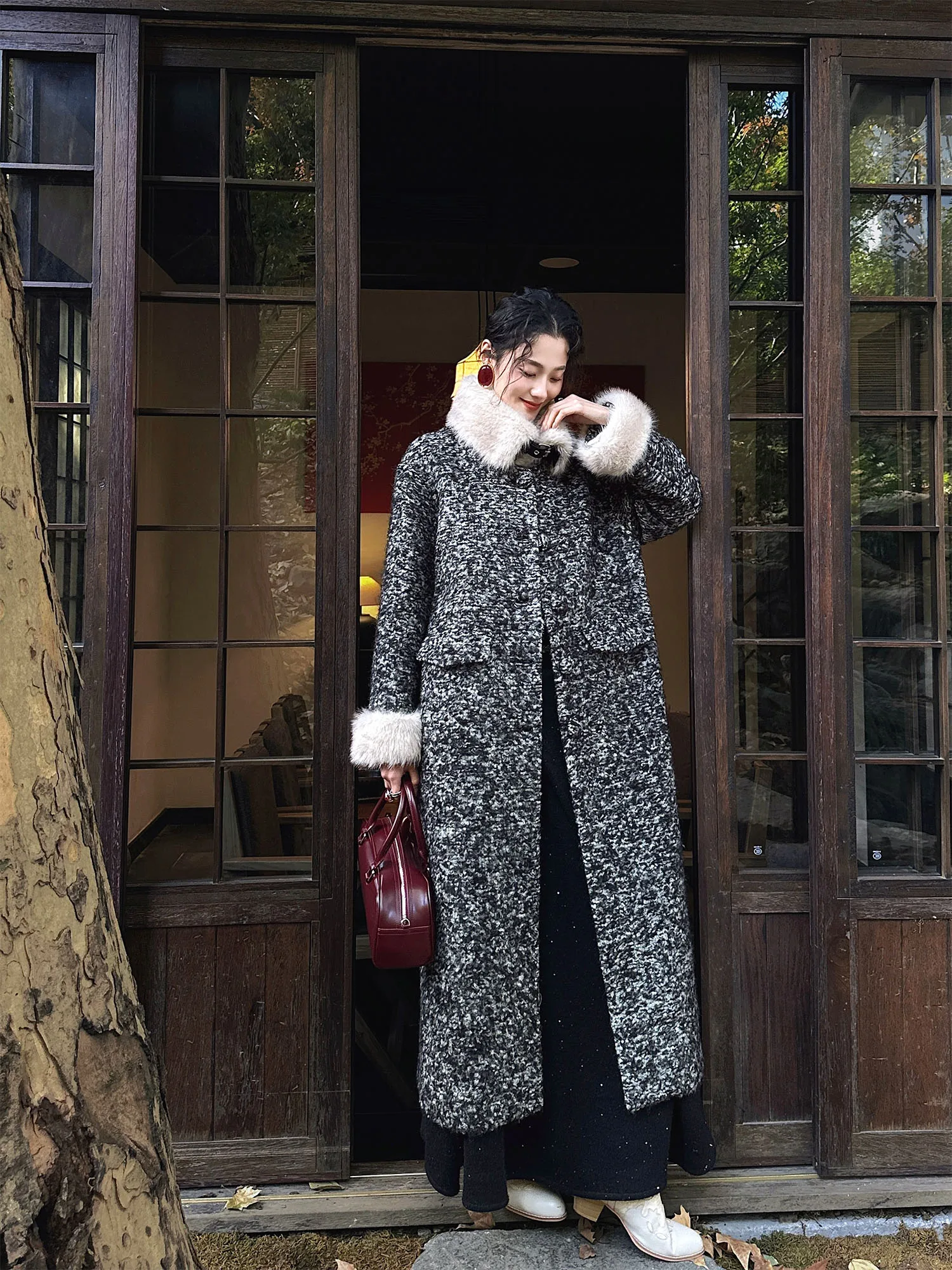 

Sanji Bla Flower Thousand Branch Snow Woolen Coat with Flap Collar Thiened Korean Sle Women's Outerwear for Winter