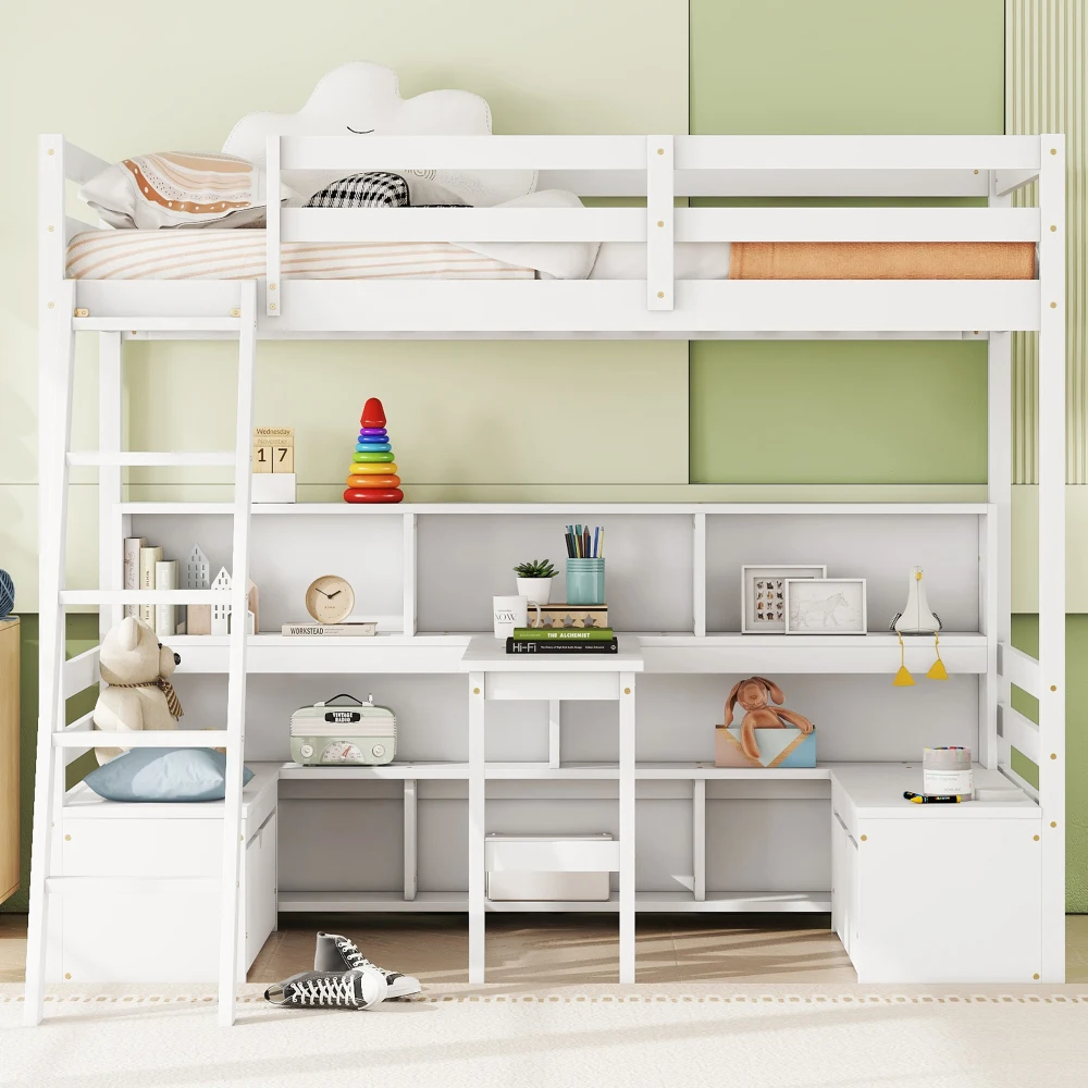 

Twin Loft Bed with Storage Shelves, Drawers, Seat and Desk for White Color， Bedroom Furniture，twin Bed Frame