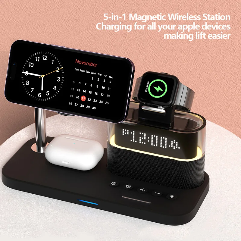 5 in 1 Magnetic Wireless Charger Stand For iPhone 16 to 12, Apple Watch, AirPods, Compatible With Samsung Galaxy, Android Phones