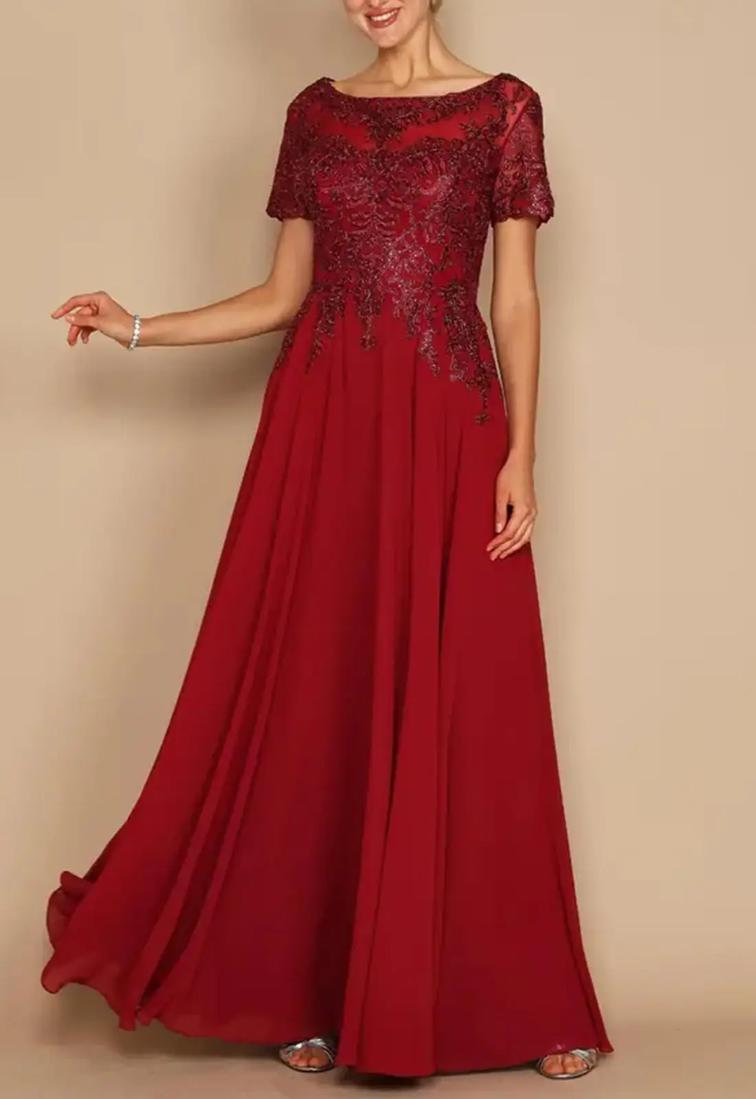 Vestidos para madre de la novia de manga corta para boda, vestidos de gasa para madre del novio, vestido Formal de encaje con cuello barco