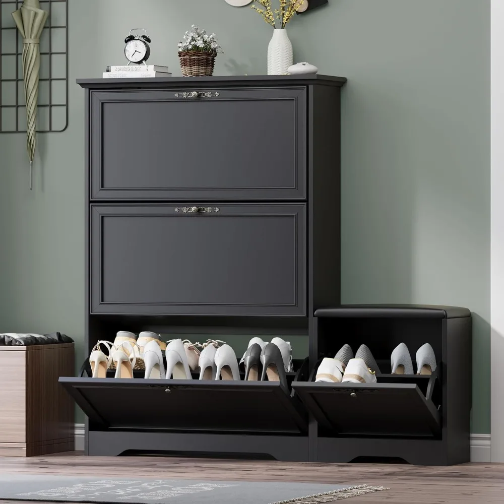 

Entryway Shoe Cabinet with Bench, Hidden Storage and Adjustable Shelves, Wooden Shoe Rack and Organizer for Hallway, Mudroom, Cl