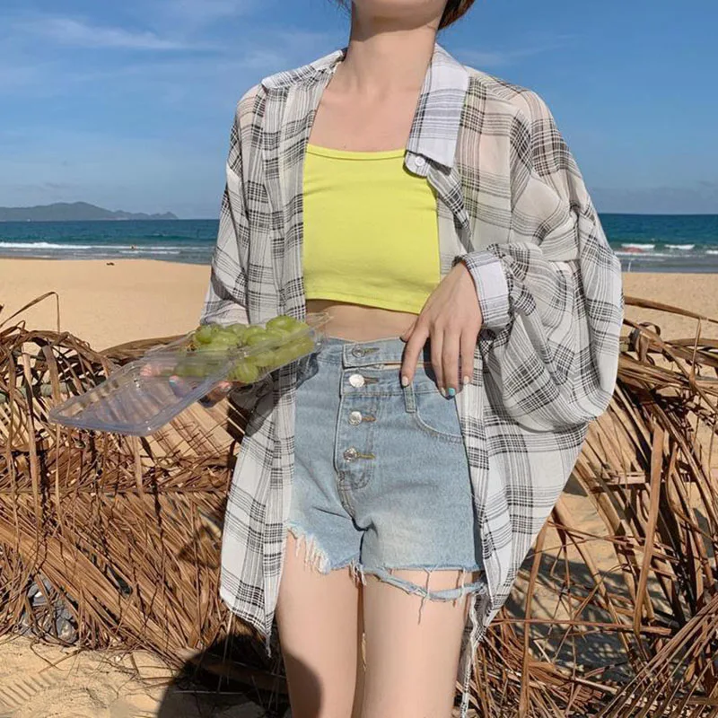 Chiffon Plaid Blouse Women Summer Thin Loose All-Match Sun Protection Tops Female Korean See Through Vintage Buttons Shirts