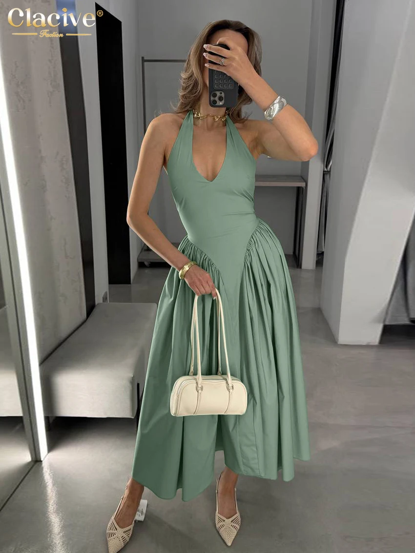 

Clacive Summer Slim Green Women's Dress 2026 Fashion Halter Sleeveless Ankle Length Dresses Elegant Classic Pleated Female Dress