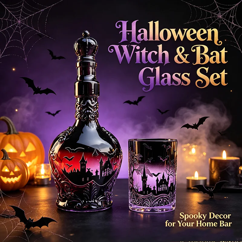 Gothic Castle Bat Glass Whiskey Decanter With Crown Stopper Halloween Liquor Bottle For Home Bar Halloween Decanter Gift