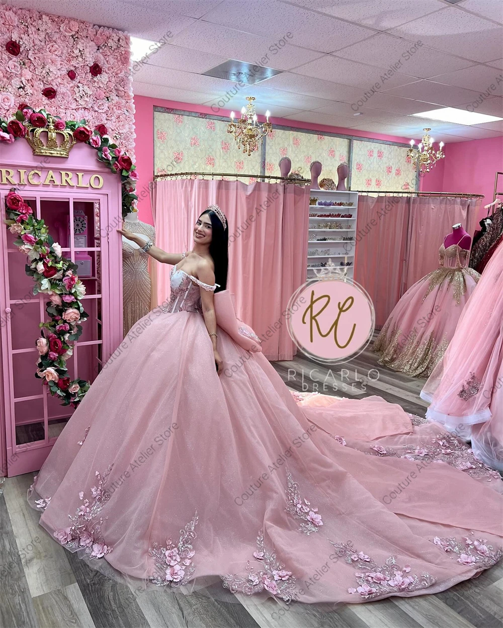 Prinses Roze 3d Bloemen Korset Quinceanera Jurk Baljurk Luxe Off The Shoulder Sweet 15 Jurk Vestidos De 16 Quinceañer