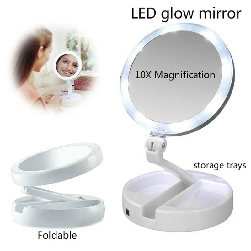 Portable LED Lighted Makeup Mirror Vanity Compact Women Pocket Mirrors Vanity Cosmetic Hand Mirror 10X Magnifying Glasses