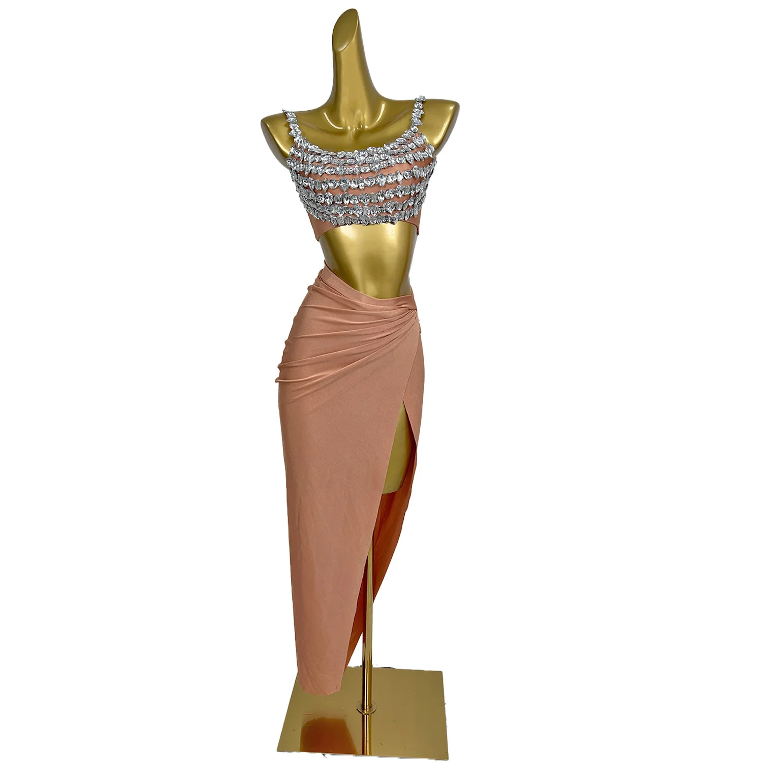 

Fashion Crystals Crop Top High Slit Dress Two Pieces Set Evening Birthday Celebrate Outfit Sexy Dance Costume Stage Wear Beixin