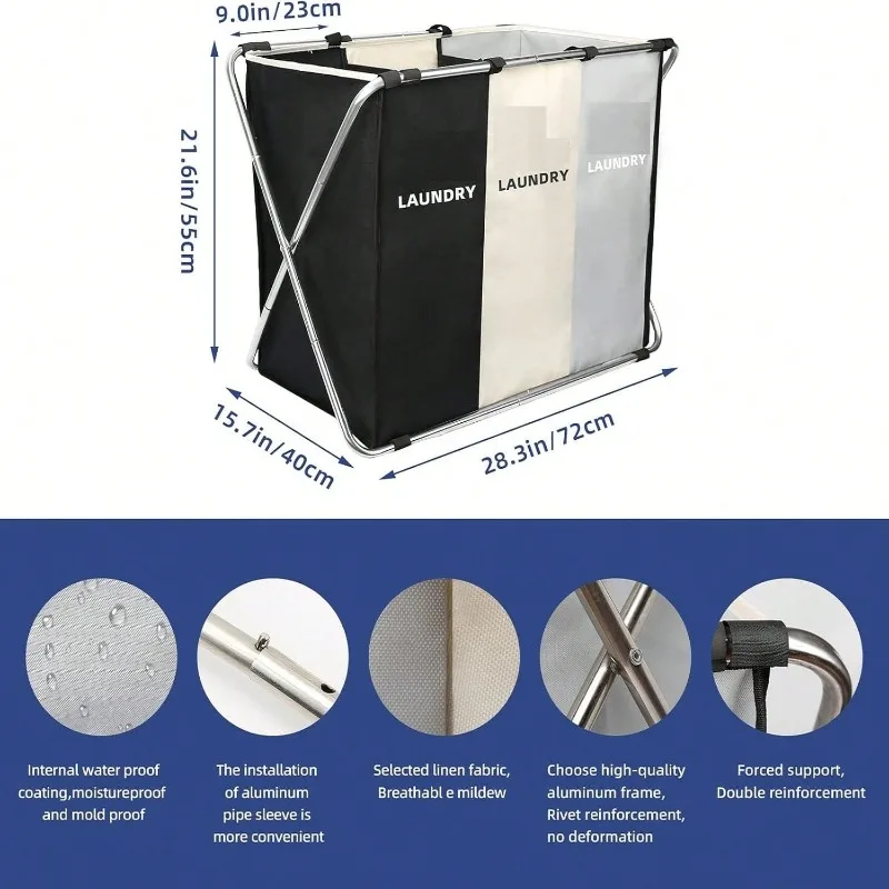 3-Section Laundry Basket Sorter - Foldable, Waterproof Oxford Compartments With Aluminum Frame - Ideal For Home And Dorm Use, Sorting Dark/Light Colorslaundry Hamper,Washing Basketbathroom Organizer,Basket,Storage Basket,Foldable Laundry Basket
