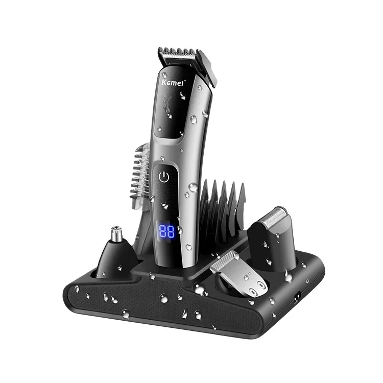 Kemei KM-675 5-In-1 Replaceable Blade Hair Clipper Imitation Leather Shell Electric Hair Clipper LED Display Hair Clipper Set