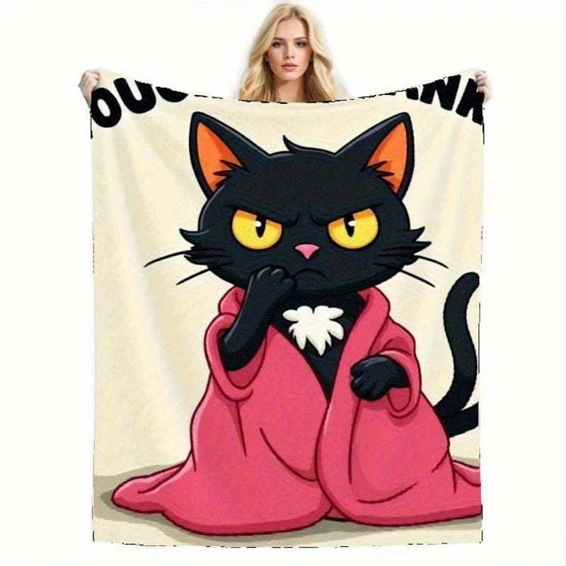 Funny Grumpy Black Cat Blanket Throw - Ultra Soft Plush Fleece Couch & Bedspread - Angry Cat in Pink Robe with Glowing Eyes