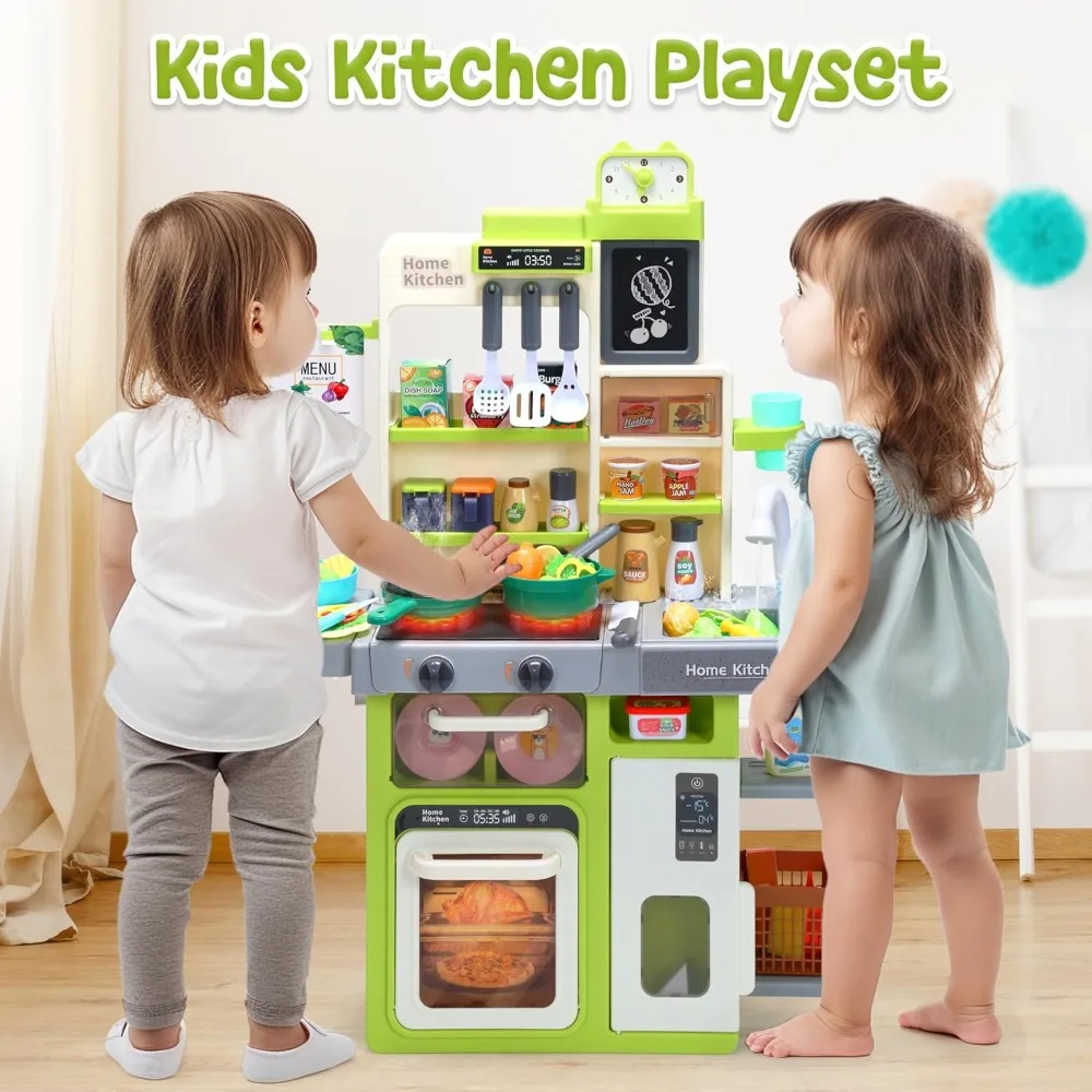 Juego de cocina con sonidos y luces para niños, juego de cocina de simulación, estufa de vapor, fregadero de juego y juego de comida