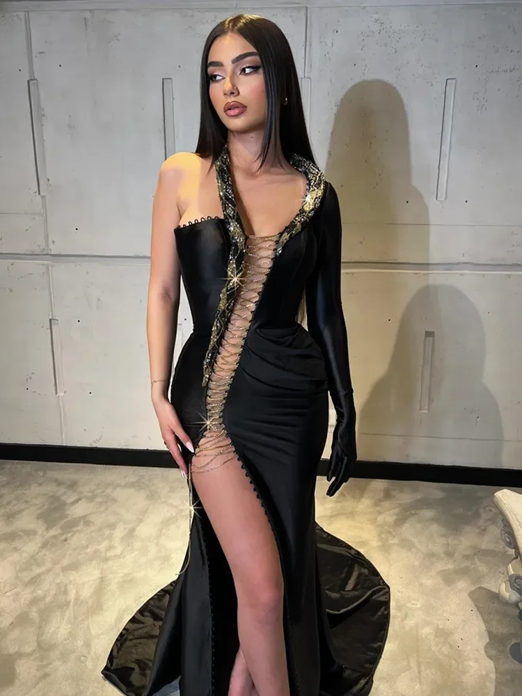 2024 Women Sexy Single Sleeve Cut Out Laced Velvet Black Maxi Long Bodycon Dress Elegant Party Evening Stage Performance Vestido